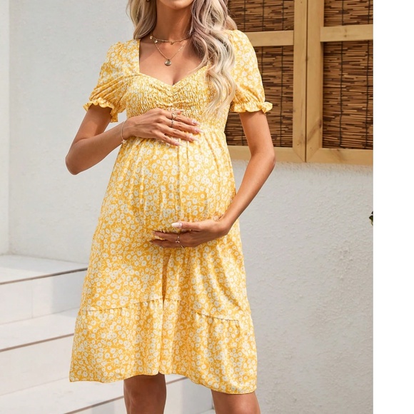 Maternity Floral Print Puff Sleeve High Waisted Ruffle Hem Mini Dress - Picture 1 of 8